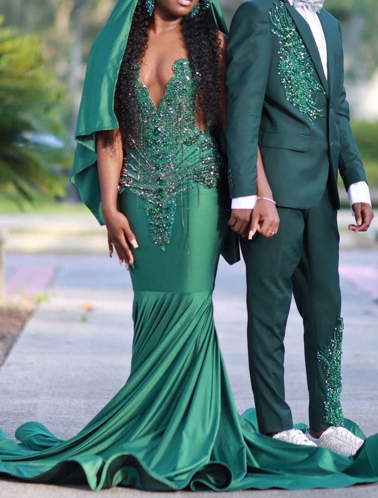 V-Neck Mermaid Sleeveless Beading Sweep Train Prom Dress