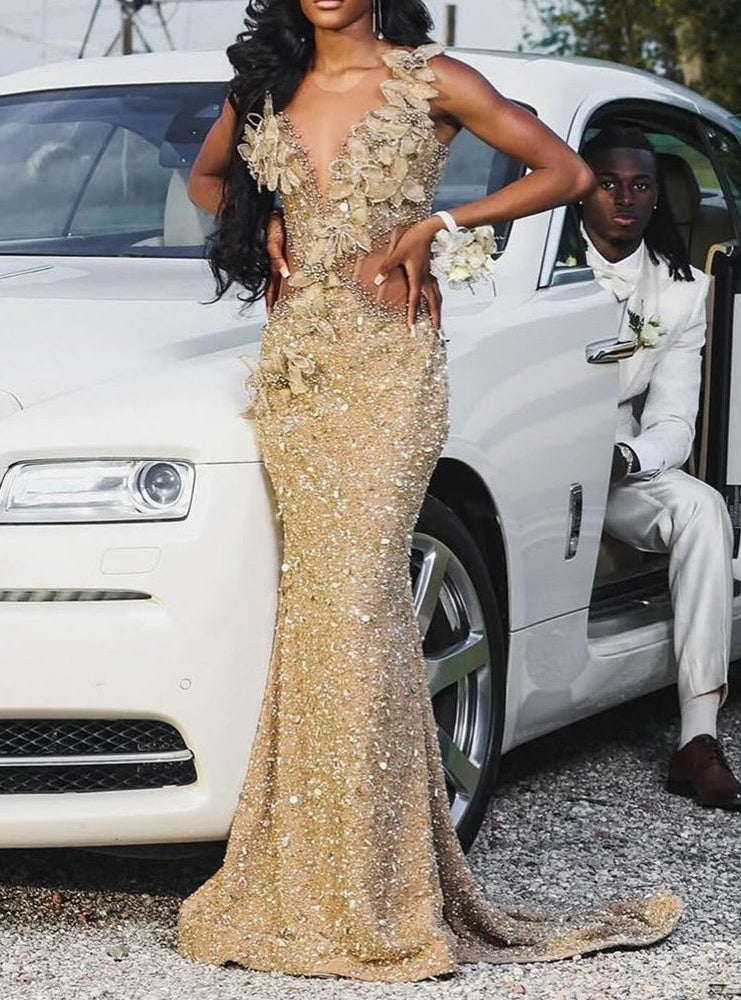 Champange Sleeveless Flowers Sequin Column Floor length Sparkle Prom Dresses