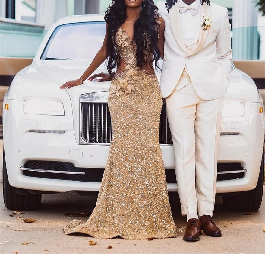 Champange Sleeveless Flowers Sequin Column Floor length Sparkle Prom Dresses