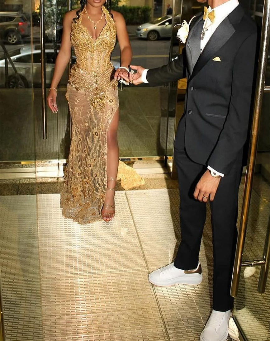 Gold Beaded Halter Mermaid High Split Floor length Prom Dresses