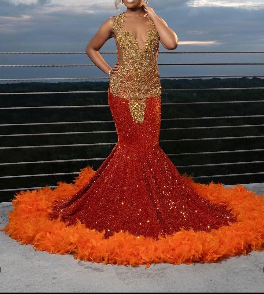 Gold appliques Orange Feathers Sequin Mermaid Long Prom Dresses