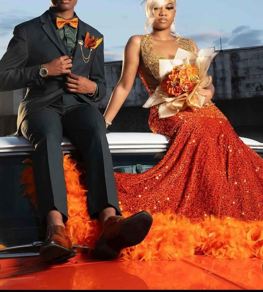 Gold appliques Orange Feathers Sequin Mermaid Long Prom Dresses