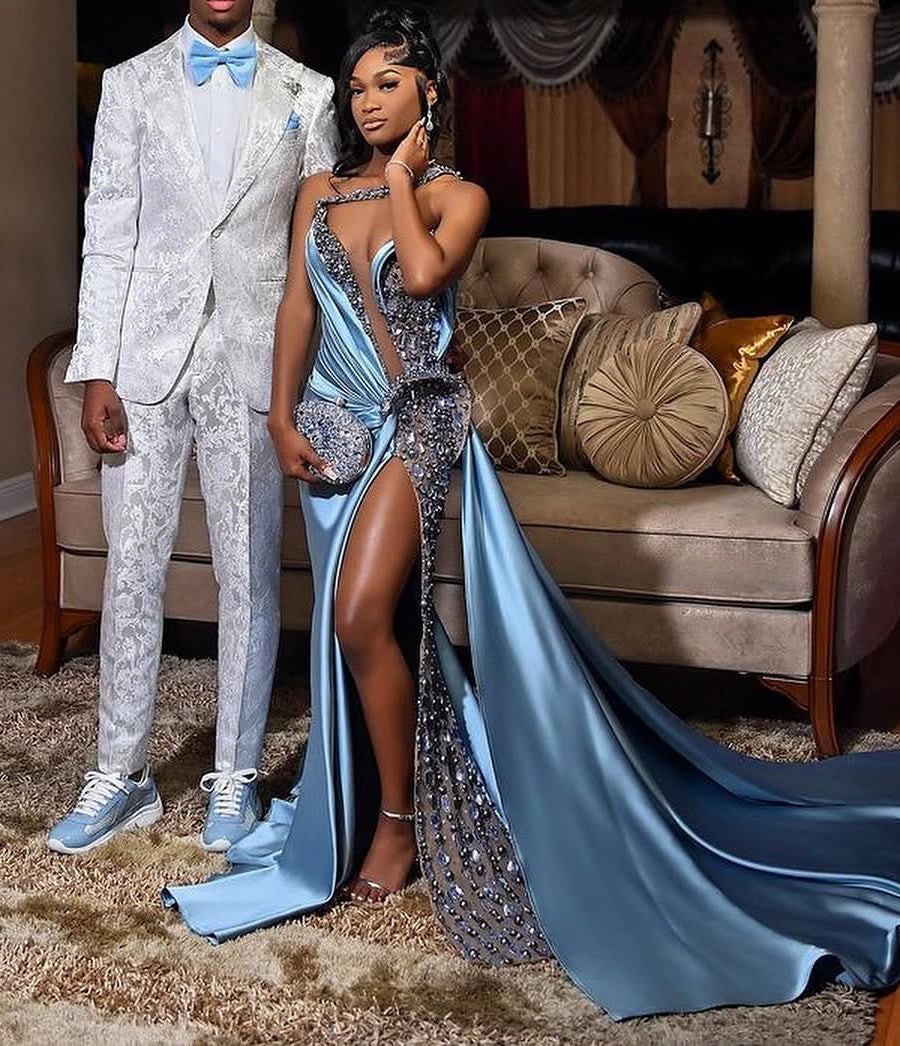 Dusty Blue One shoulder High Split Beaded Long Prom Dresses