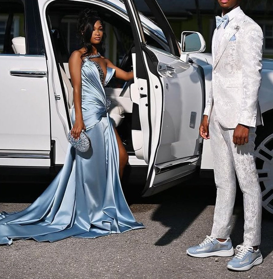 Dusty Blue One shoulder High Split Beaded Long Prom Dresses