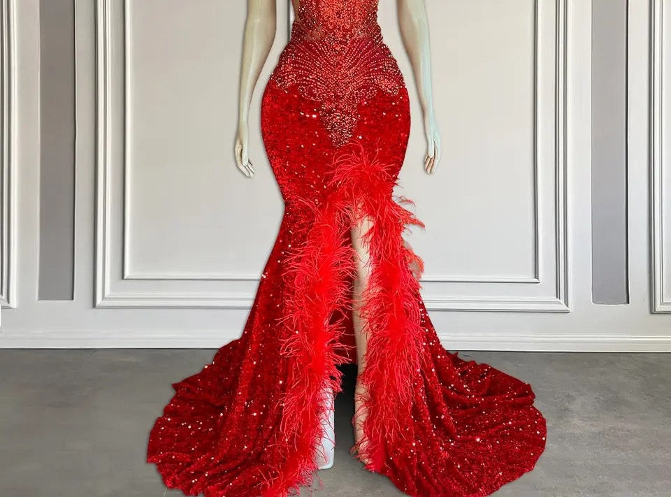Red Sleeveless Sequins Mermaid Prom Dress with Front Slit Beadings and Feathers