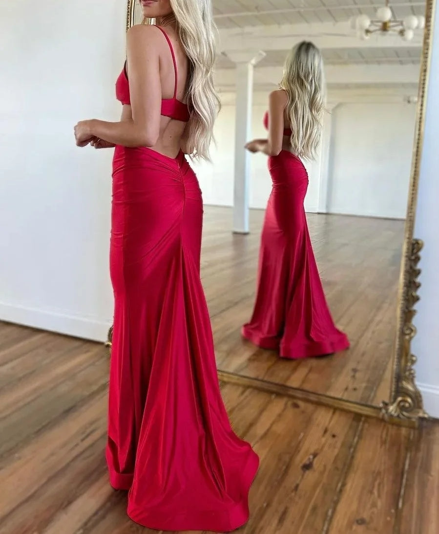 Gorgeous Red Sleeveless Mermaid Prom Dress V-Neck Spaghetti-Straps