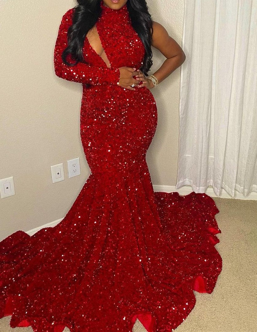 Sparkle Sequin Burgundy High neck Asymmetric Cut Mermaid Prom Dress