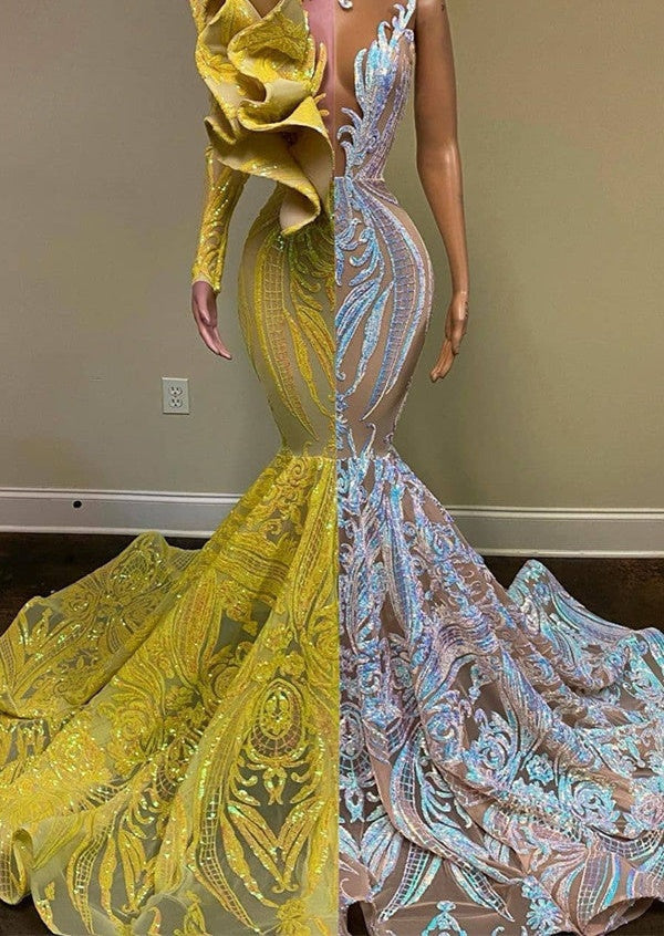Amazing V-Neck One Shoulder Long Sleeve Long Mermaid Prom Dress