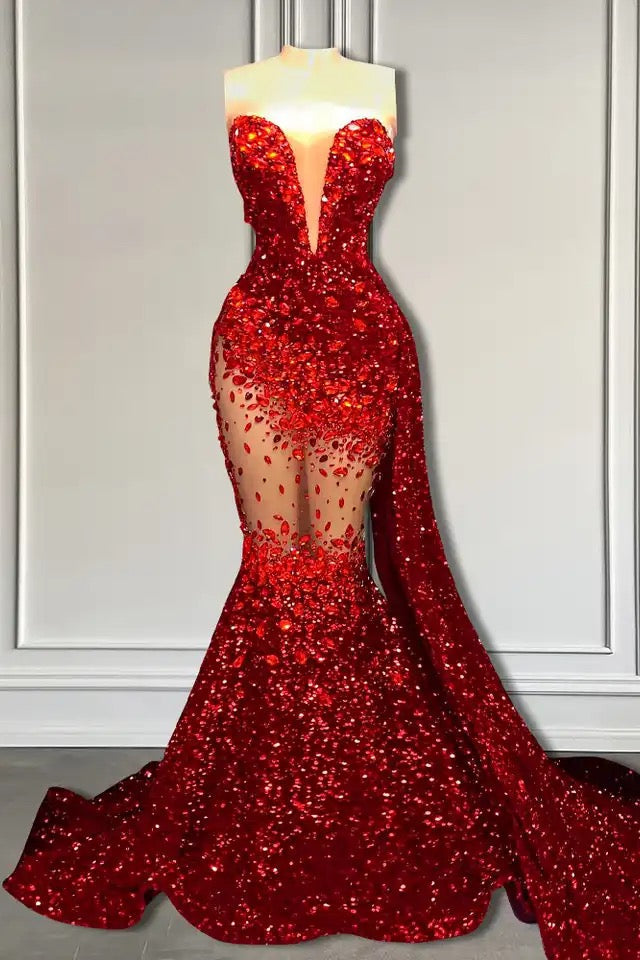 red mermaid style prom dress with Sweetheart Sequins and Ruffle TB188 KissProm White V-Neck Mermaid Color:Black-monochrome hugging mermaid silhouette enhances