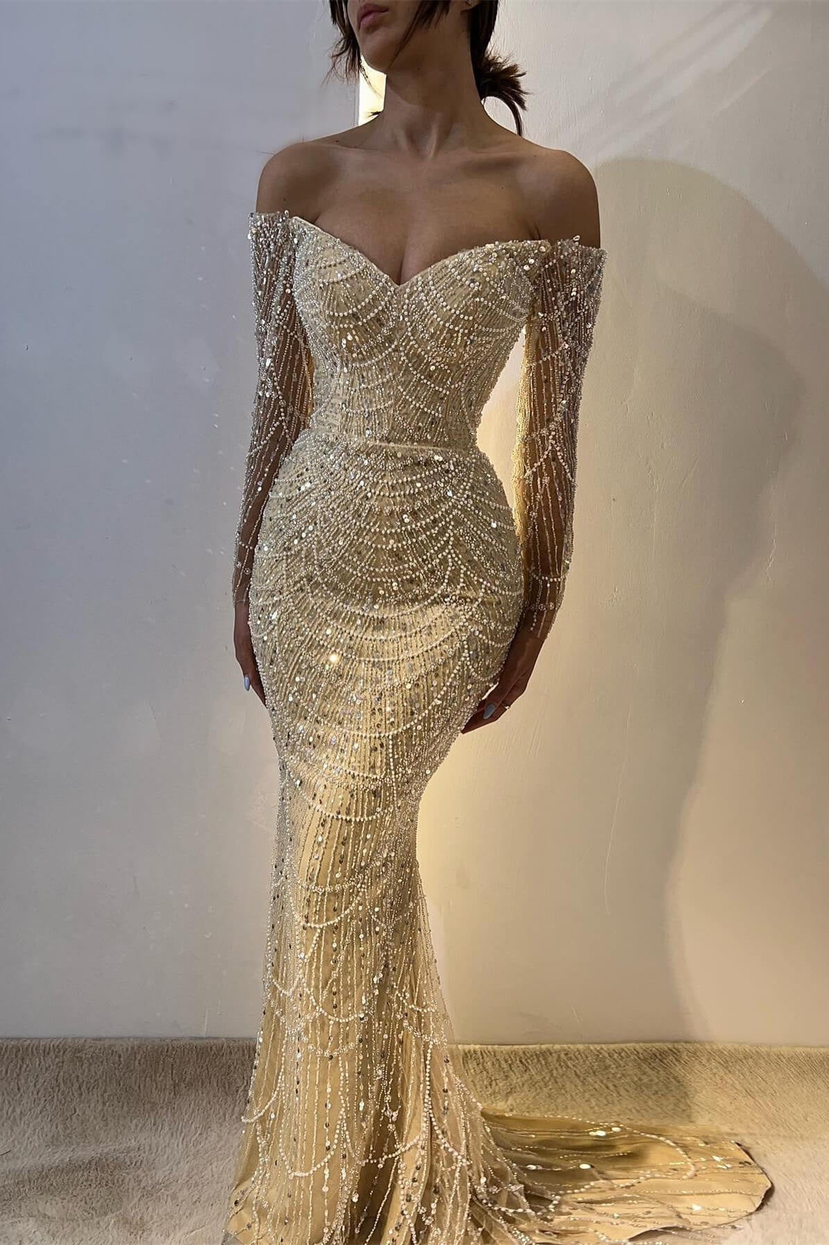 Beautiful Off-the-Shoulder Long Sleeves Prom Dress Mermaid Pearls With Beads