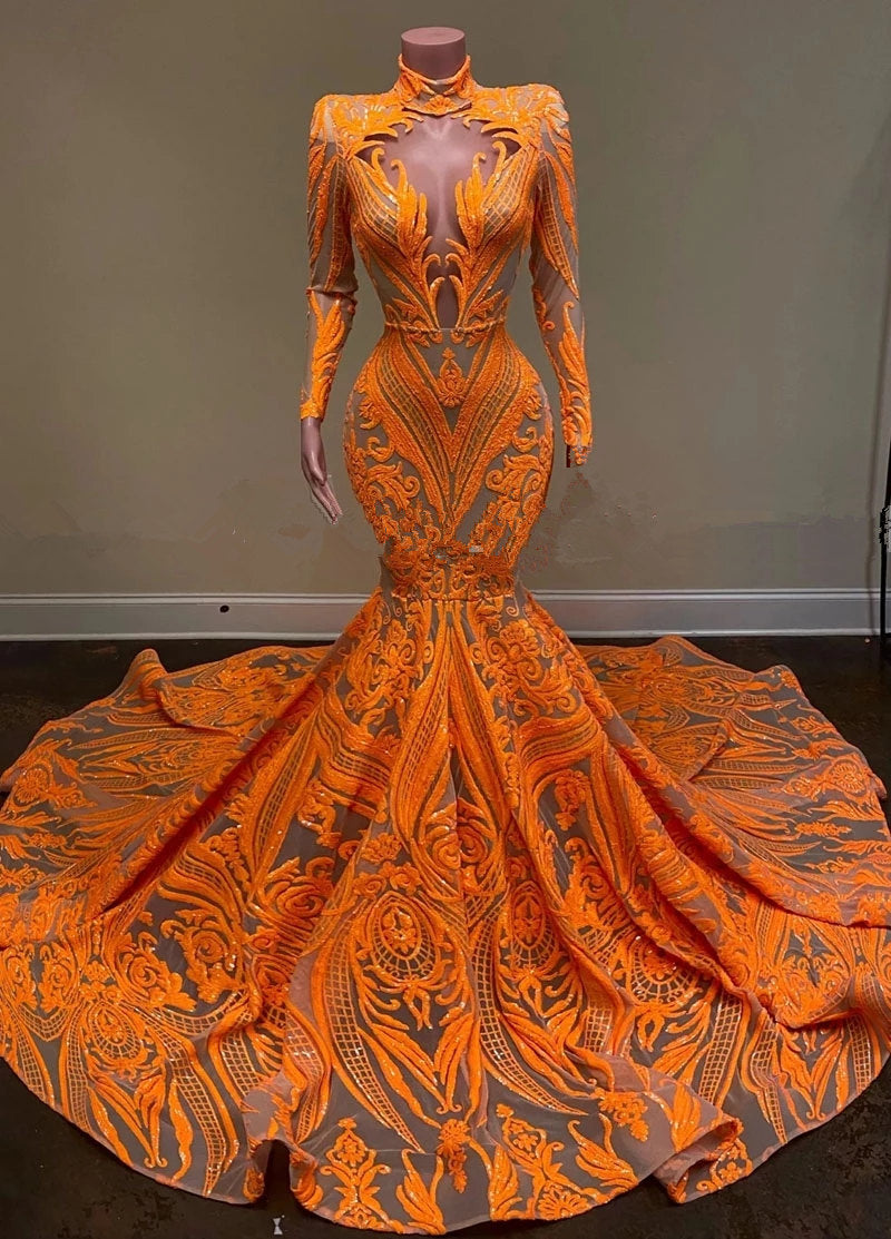 Hot Orange High neck Long Sleeves Mermaid Sequin Prom Dresses
