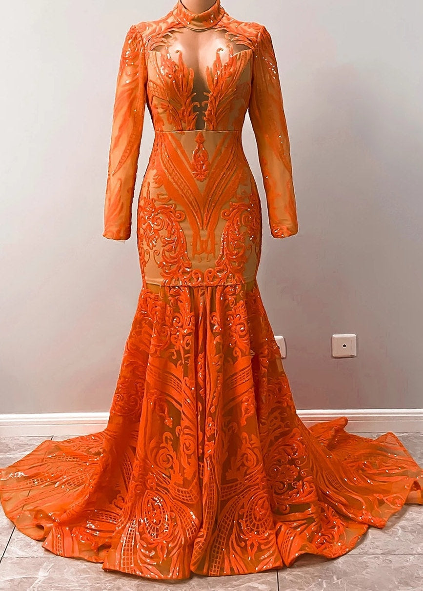 Hot Orange High neck Long Sleeves Mermaid Sequin Prom Dresses