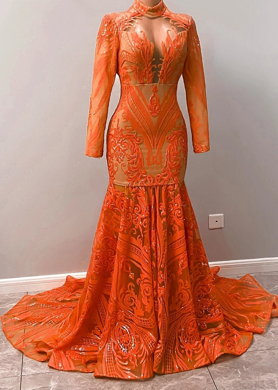 Hot Orange High neck Long Sleeves Mermaid Sequin Prom Dresses