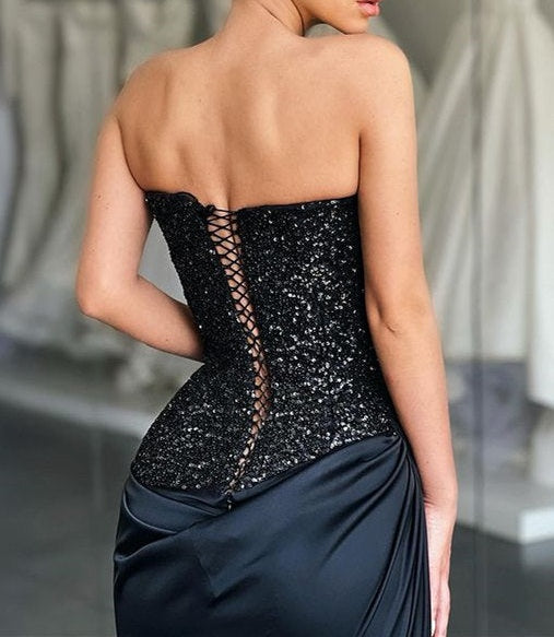 Unique Black special Strapless High-split Lace-up Sequined Prom Dress
