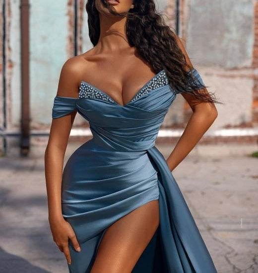 Sexy Dusty Blue Long Off-the-shoulder High Split Prom Dresses