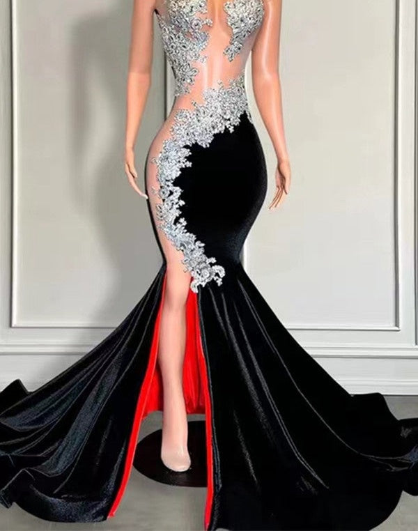 Sleeveless Long Black Velvet Mermaid Prom Dress with Appliques and Beads