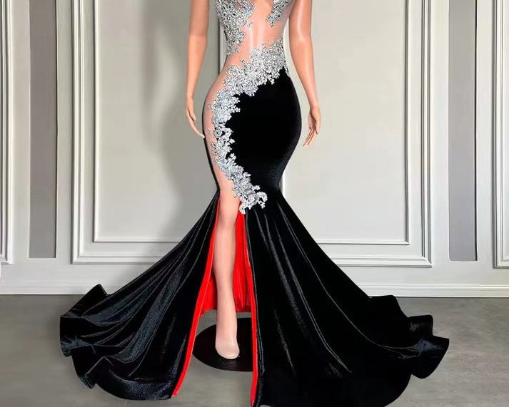 Sleeveless Long Black Velvet Mermaid Prom Dress with Appliques and Beads
