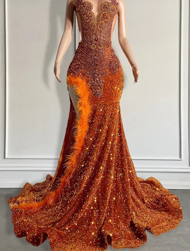 Mermaid Style Burnt Orange Sequins Prom Dress with Side Slit Long Length Beadings and Feathers