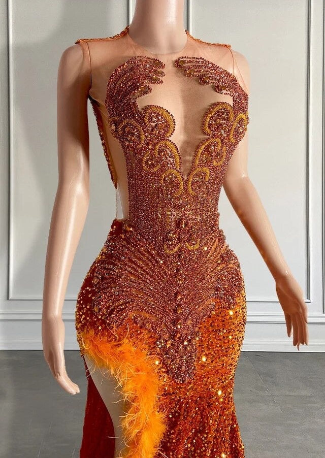 Mermaid Style Burnt Orange Sequins Prom Dress with Side Slit Long Length Beadings and Feathers