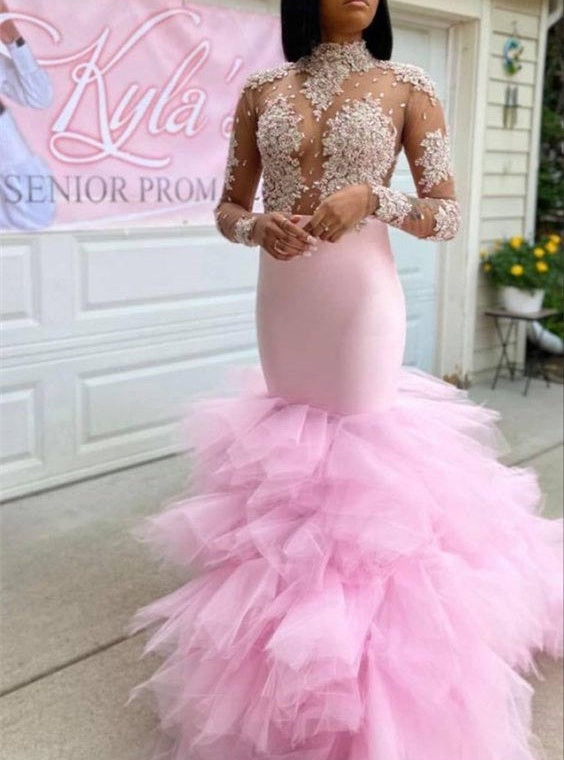 Trendy Pink Illusion neck Long Sleeves Mermaid Ruffles Prom Dresses