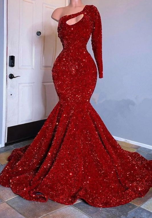 Amazing Red Long Sleeves Prom Dress One-Shoulder Mermaid With Sequins