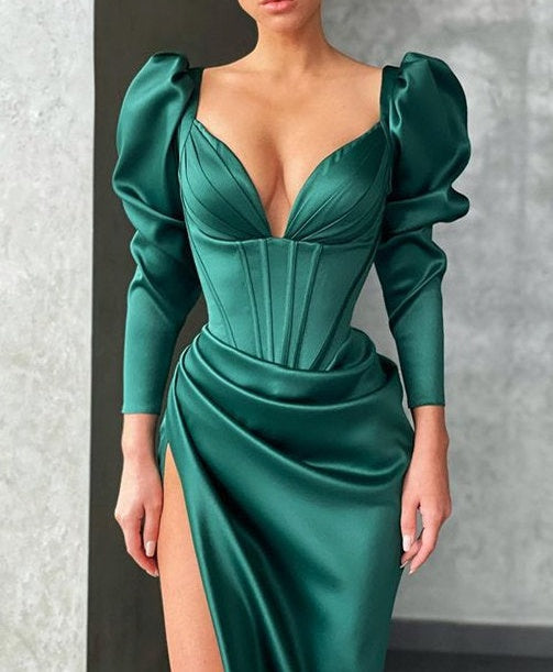 Dark green Bubble sleeves High-split Mermaid Prom Dress