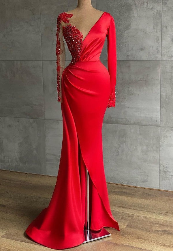 Red Long Sleeve V-Neck Mermaid Prom Dress Online With Beadings