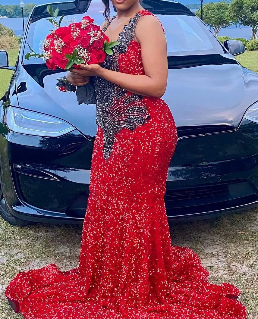 V-neck Burgundy Sequin Prom Dresses with Dark Sequins