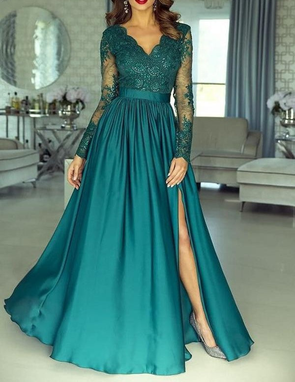 Elegant Long Sleeve Prom Dress Lace Appliques Evening Gowns With Split