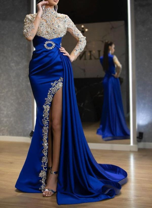 Long sleeves Royal blue High split Sparkle beaded Prom Dresses