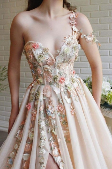 ombreprom Modern One Shoulder Flowers Prom Dress With Slit Long