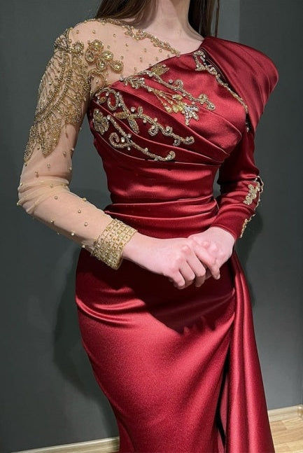 Ruby Long Sleeves Mermaid Stretch Satin Evening Prom Dresses with Ruffles