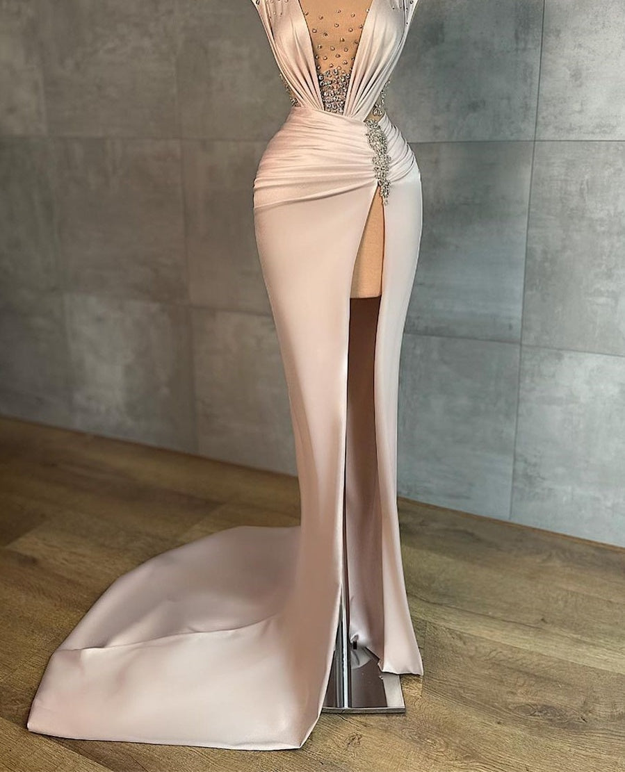 Fashion Long V-neck Split Front Mermaid Evening Prom Dresses With Rhinestones