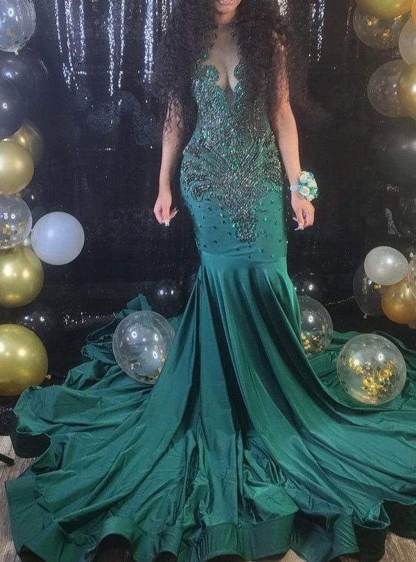 Glorious Long V-Neck Sleeveless Mermaid Prom Dress With Beading