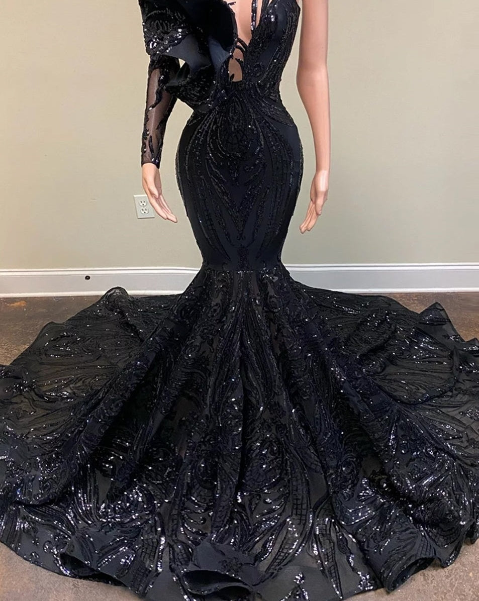 V-neck Flowers Mermaid Long Sleeves Prom Dresses