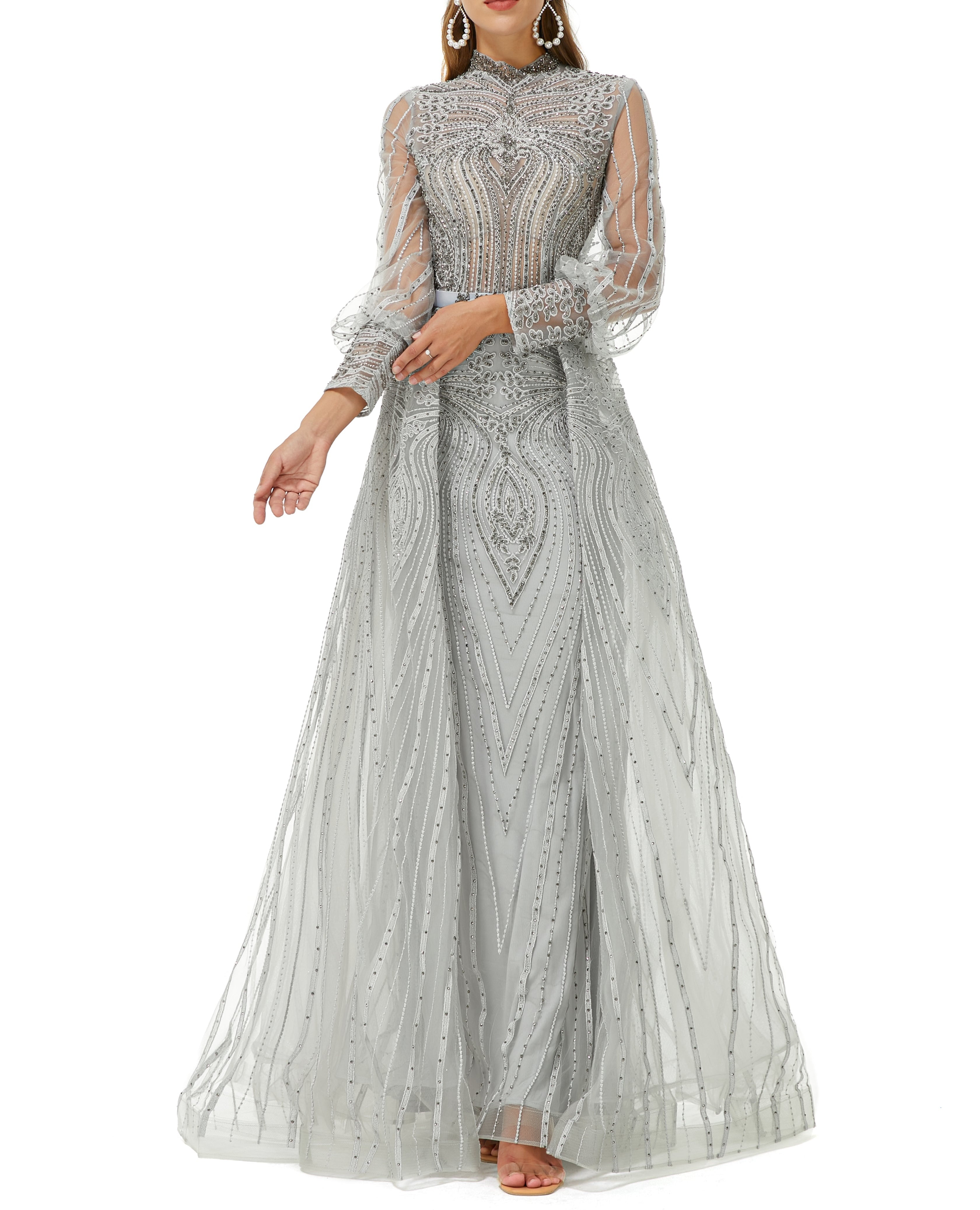 ombreprom Design | Sparkle Gray Beaded Mermaid Long sleeves Prom Dresses with Overskirt