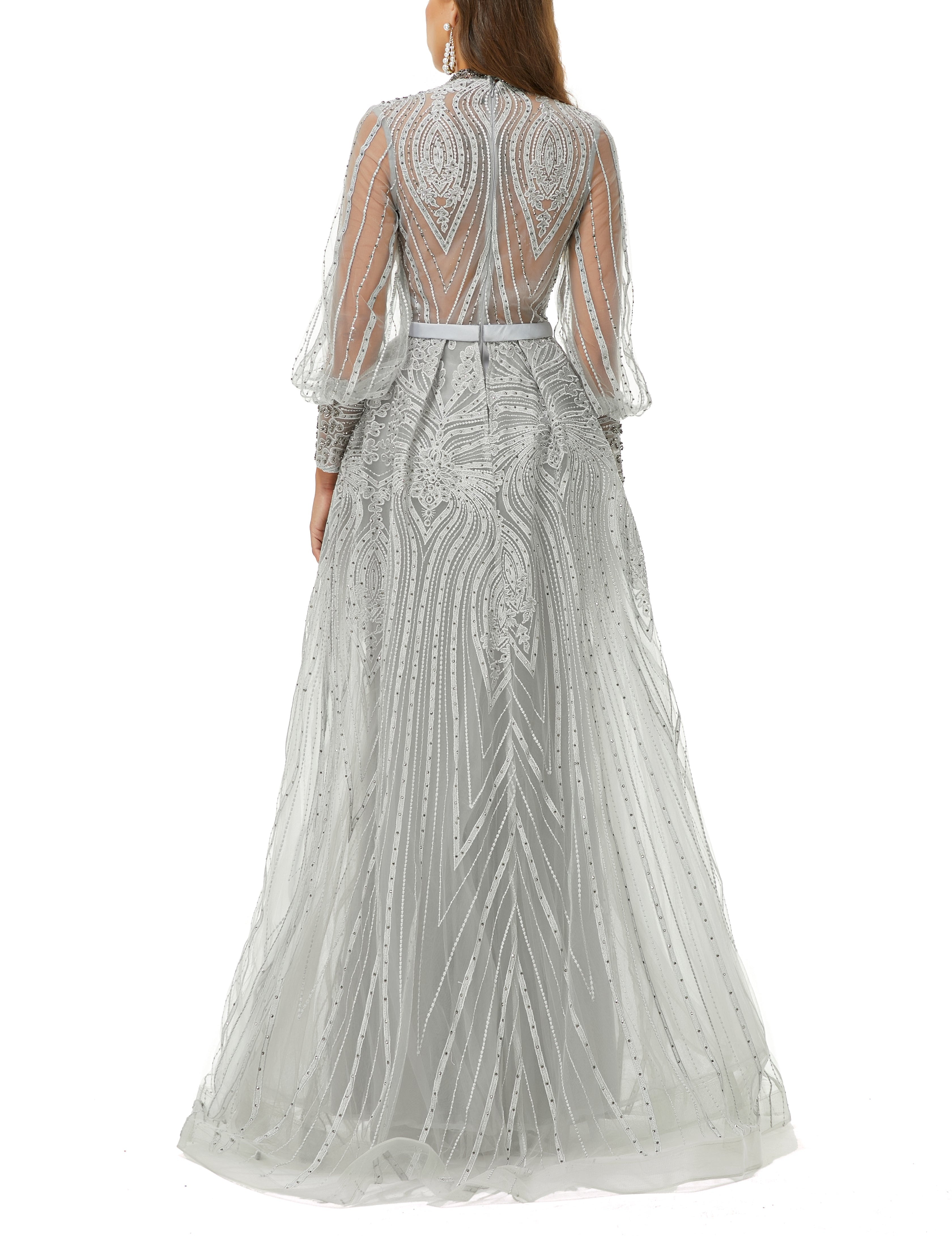 ombreprom Design | Sparkle Gray Beaded Mermaid Long sleeves Prom Dresses with Overskirt