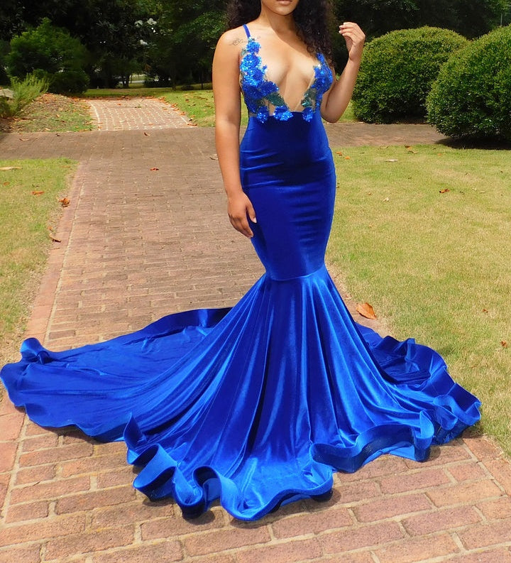Deep V-neck Royal Blue SPAGHETTI STRAPS Mermaid Flowers Prom Dresses