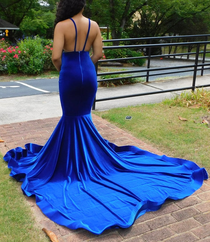 Deep V-neck Royal Blue SPAGHETTI STRAPS Mermaid Flowers Prom Dresses