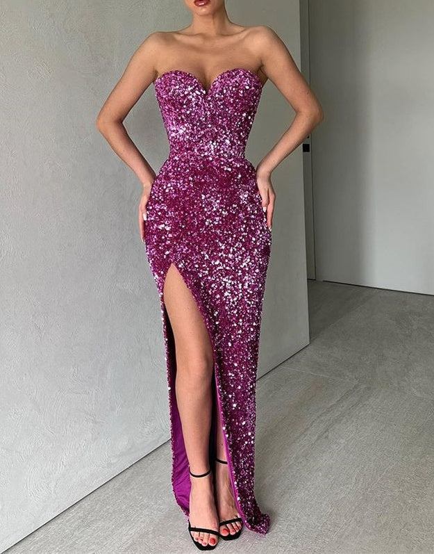 Elegant Sweetheart Sequins Prom Dress Mermaid Long Split Evening Gowns