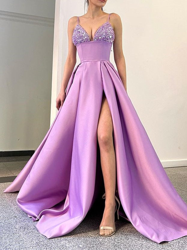 Lilac Spaghetti-Straps Sleeveless Prom Dress Split Long With Sequins
