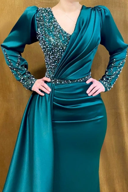 ombreprom Modern Beading Mermaid Prom Dress With Long Sleeves Long Green V-neck
