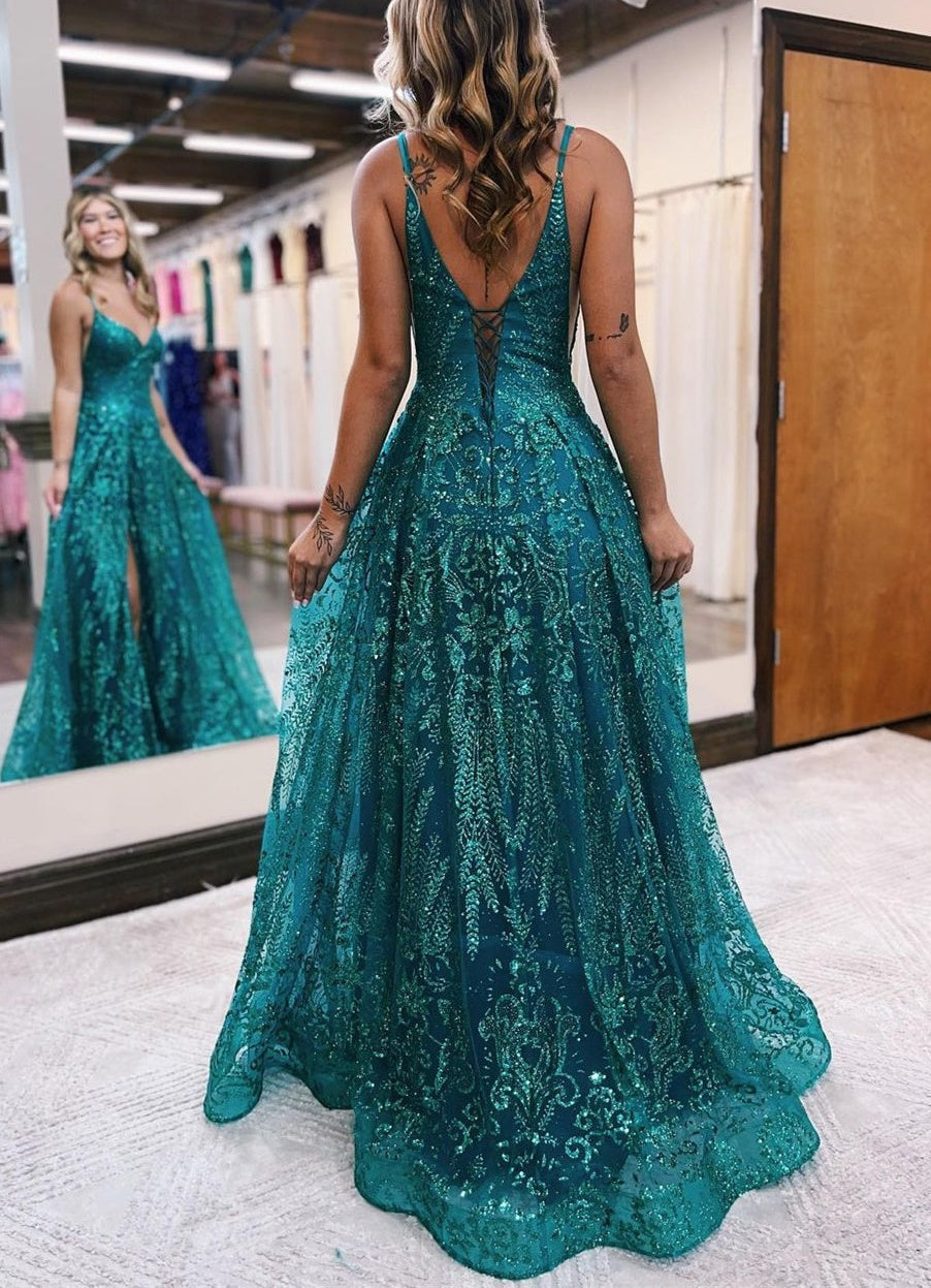 Elegant Long A-line Spaghetti Straps Lace Sleeveless Evening Prom Dresses With Slit