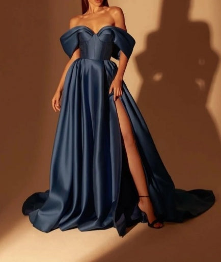 Fabulous Long Navy Blue A-line Off-the-shoulder Prom Dresses With Split Online