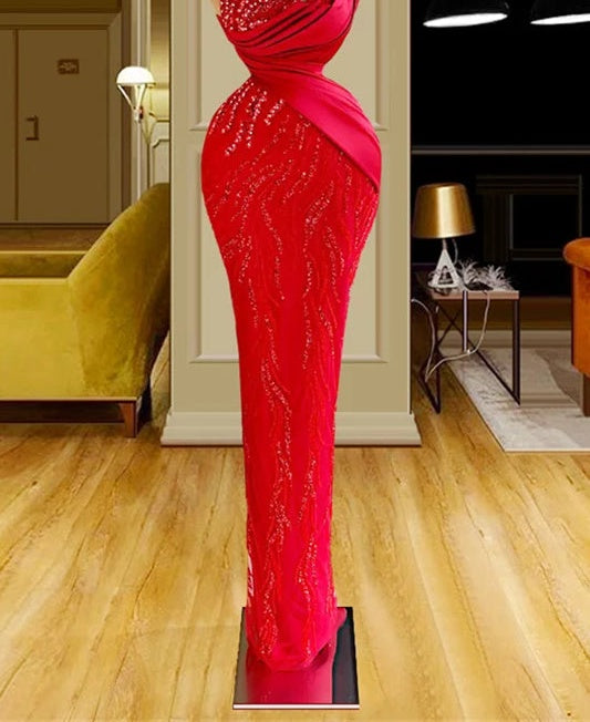 Gorgeous Long Red Mermaid One Shoulder Lace Sequined Sleeveless Prom Dress