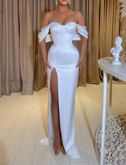 Fabulous Sweetheart Cap Sleeves Column prom Dresses With Front Split