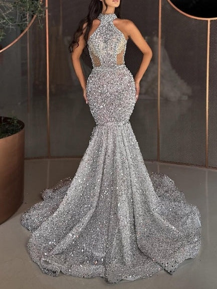 Modern High Neck Sleeveless Mermaid Sequined prom Dresses Crystals