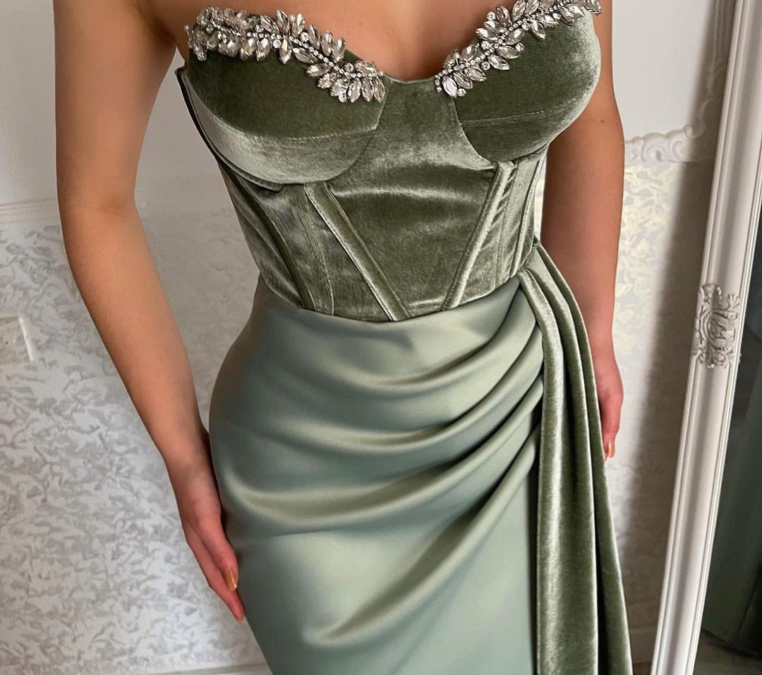 Charming Long Green Strapless Velvet Prom Dresses Long Slit Online