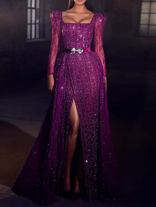 Chic Purple Square Prom Dress Mermaid Long Sleeves Beadings With Split