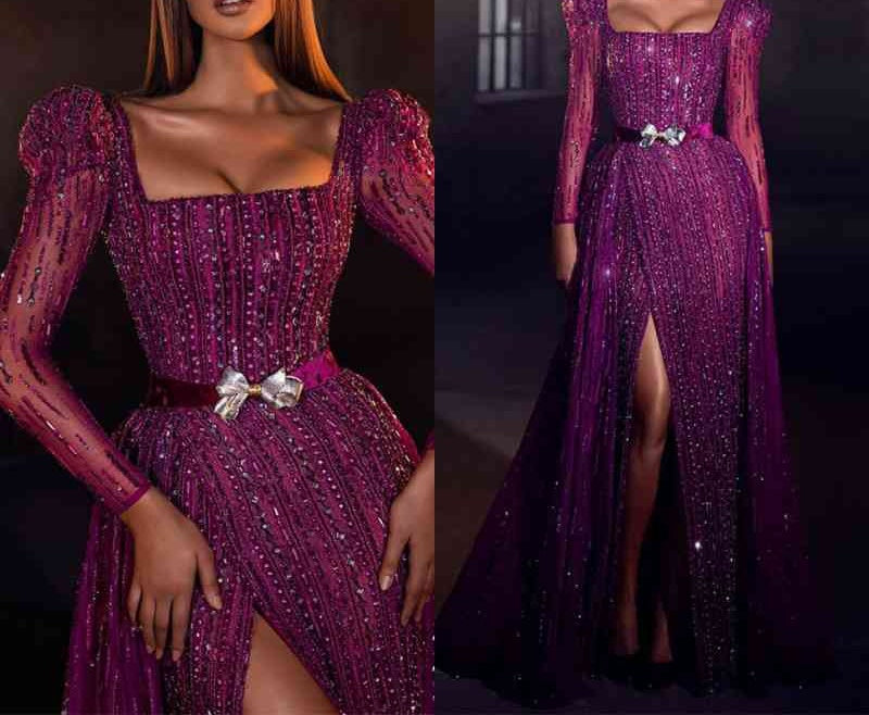 Chic Purple Square Prom Dress Mermaid Long Sleeves Beadings With Split